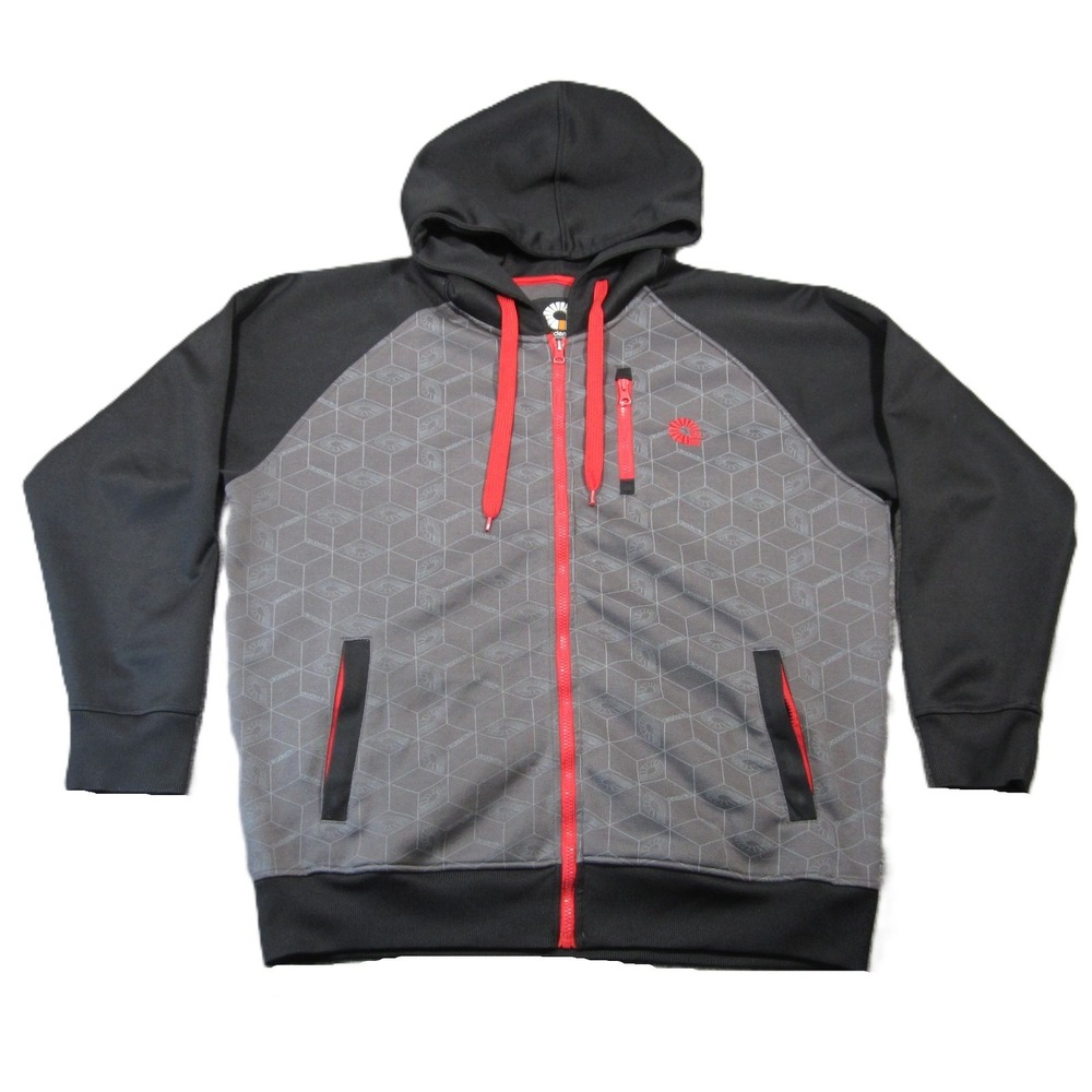 Vtg Y2K Akademiks Hoodie Mens 2XL Gray Black Red Geometric Logo Full Zip Hip Hop